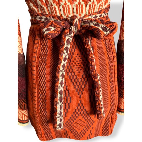 Free People Orange Knit Boho Sweater Dress XS Bell Sleeves Tie Back V Neck - Picture 14 of 15